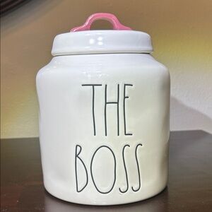 Rae Dunn "The Boss" Large ceramic canister with RARe Pink Lid Pull